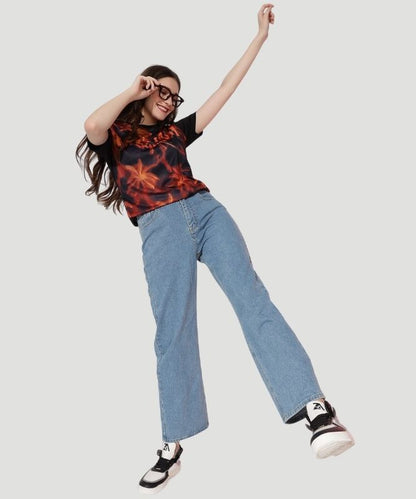 Women's Black Graphic Print Half Sleeves Regular Fit T-Shirt