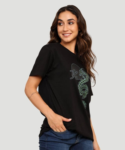 Women's Black Graphic Print Half Sleeves Oversized Fit T-Shirt